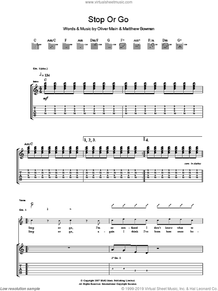 Stop Or Go sheet music for guitar (tablature) by The Pigeon Detectives, Matthew Bowman and Oliver Main, intermediate skill level