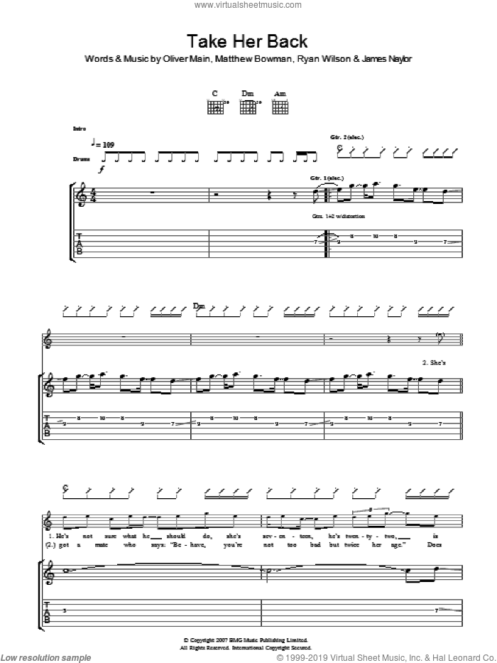Take Her Back sheet music for guitar (tablature) by The Pigeon Detectives, James Naylor, Matthew Bowman, Oliver Main and Ryan Wilson, intermediate skill level