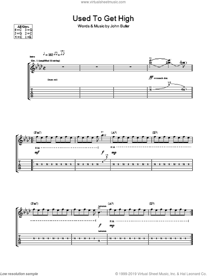 Used To Get High sheet music for guitar (tablature) by John Butler, intermediate skill level