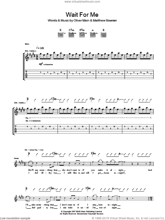 Wait For Me sheet music for guitar (tablature) by The Pigeon Detectives, Matthew Bowman and Oliver Main, intermediate skill level