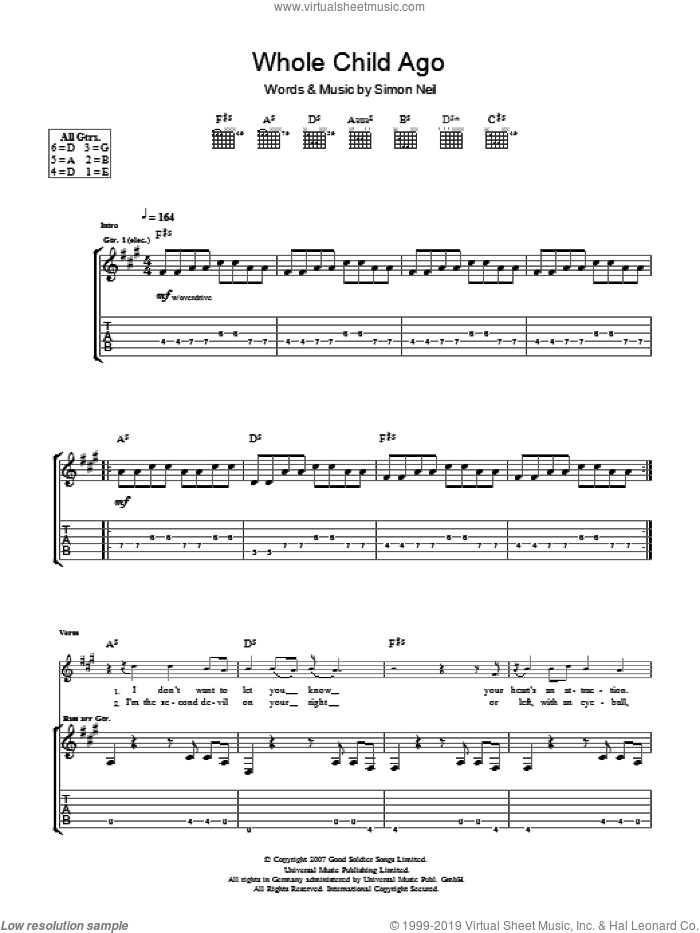 A Whole Child Ago sheet music for guitar (tablature) by Biffy Clyro and Simon Neil, intermediate skill level