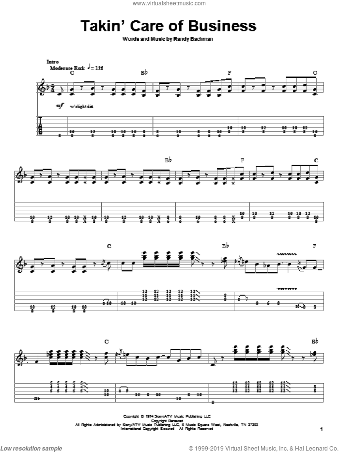 Takin' Care Of Business sheet music for guitar (tablature, play-along) by Bachman-Turner Overdrive and Randy Bachman, intermediate skill level