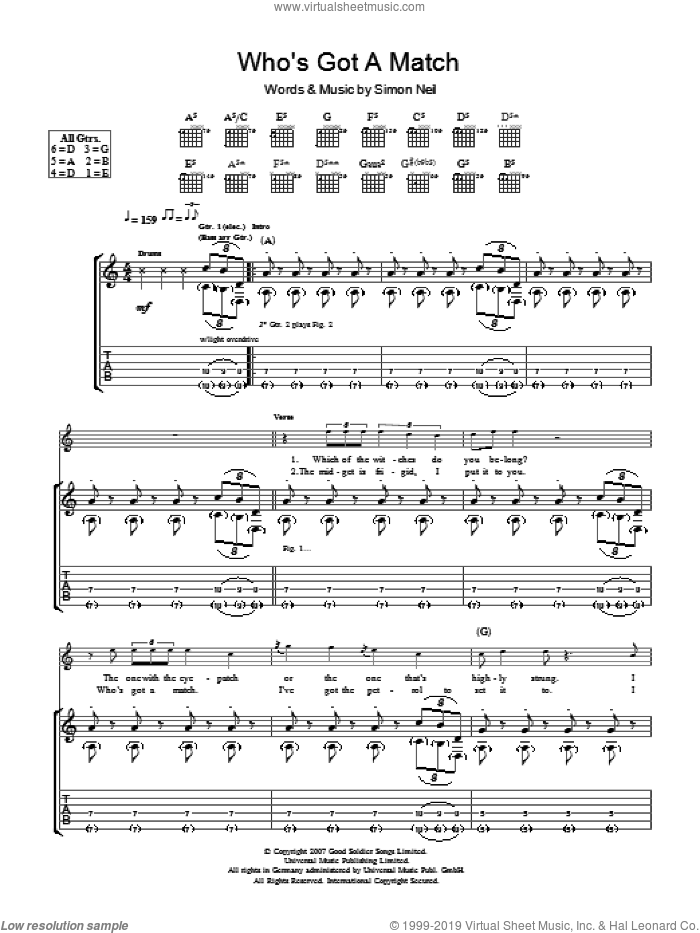 Who's Got A Match sheet music for guitar (tablature) by Biffy Clyro and Simon Neil, intermediate skill level