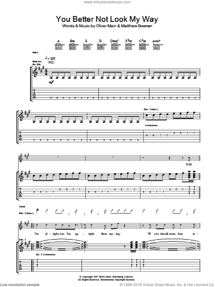 You Better Not Look My Way sheet music for guitar (tablature) by The Pigeon Detectives, Matthew Bowman and Oliver Main, intermediate skill level