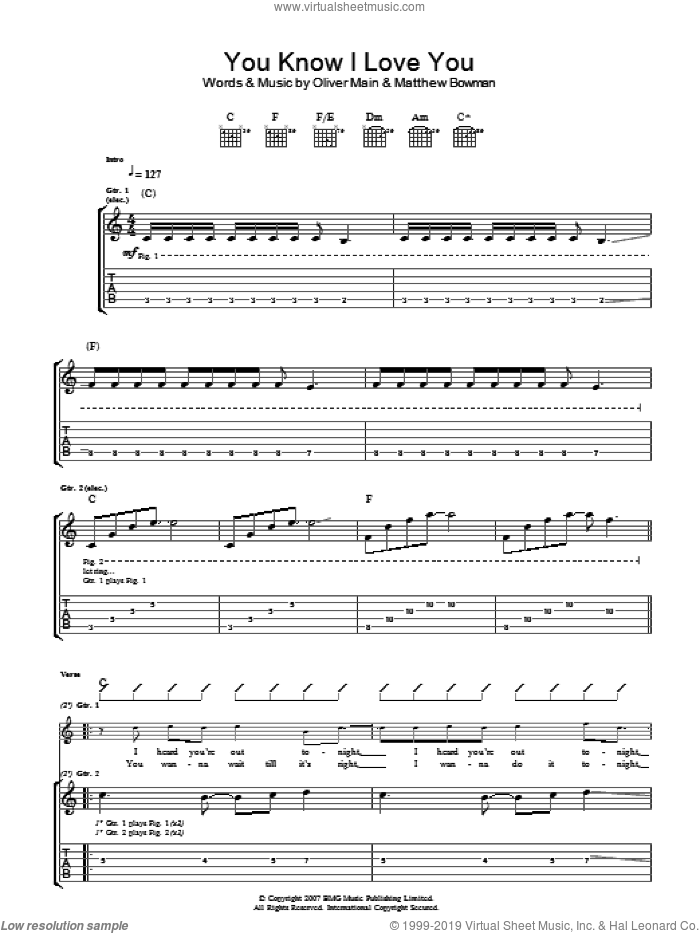 You Know I Love You sheet music for guitar (tablature) by The Pigeon Detectives, Matthew Bowman and Oliver Main, intermediate skill level