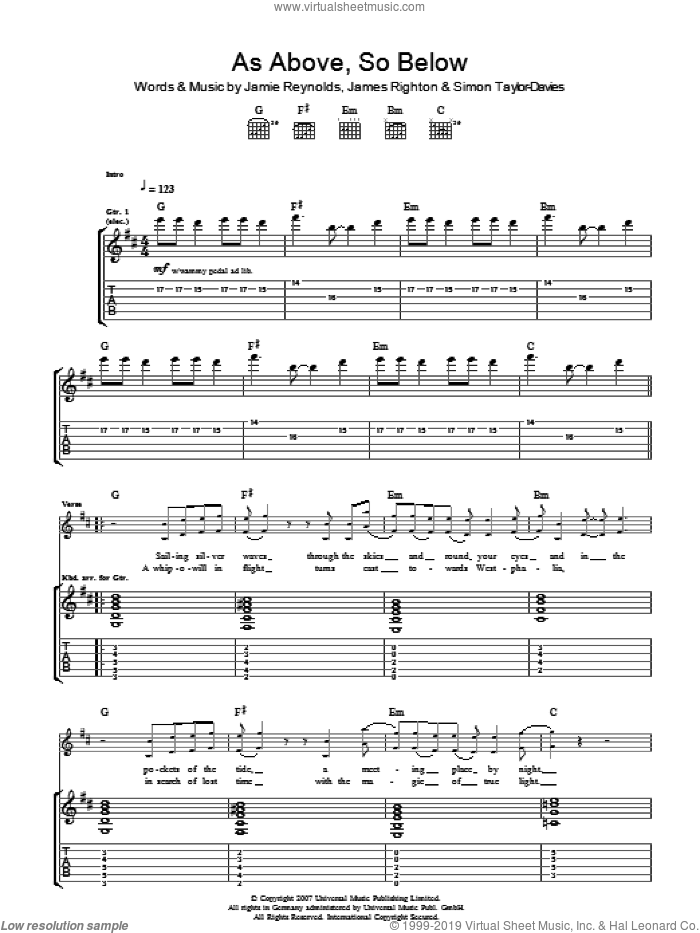 As Above So Below sheet music for guitar (tablature) by Klaxons, James Righton, Jamie Reynolds and Simon Taylor-Davies, intermediate skill level