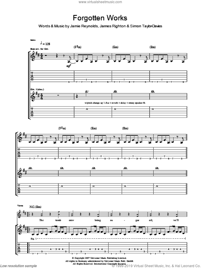Forgotten Works sheet music for guitar (tablature) by Klaxons, James Righton, Jamie Reynolds and Simon Taylor-Davies, intermediate skill level