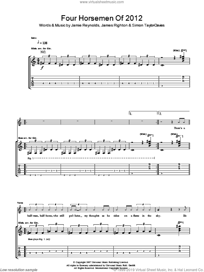 Four Horsemen Of 2012 sheet music for guitar (tablature) by Klaxons, James Righton, Jamie Reynolds and Simon Taylor-Davies, intermediate skill level