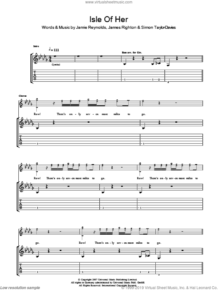 Isle Of Her sheet music for guitar (tablature) by Klaxons, James Righton, Jamie Reynolds and Simon Taylor-Davies, intermediate skill level