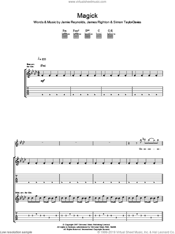 Magick sheet music for guitar (tablature) by Klaxons, James Righton, Jamie Reynolds and Simon Taylor-Davies, intermediate skill level