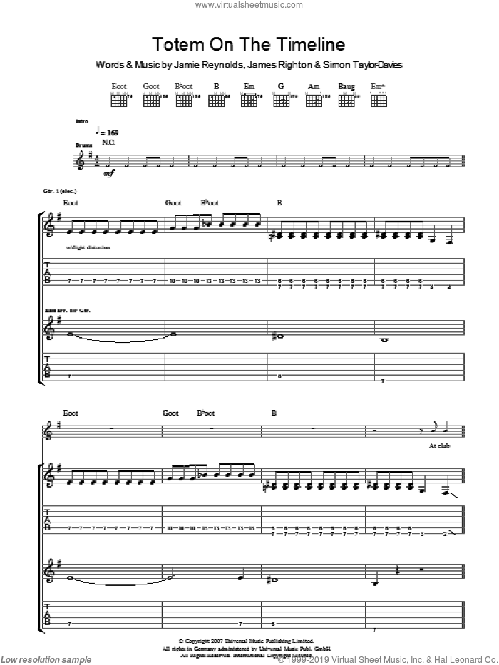 Totem On The Timeline sheet music for guitar (tablature) by Klaxons, James Righton, Jamie Reynolds and Simon Taylor-Davies, intermediate skill level