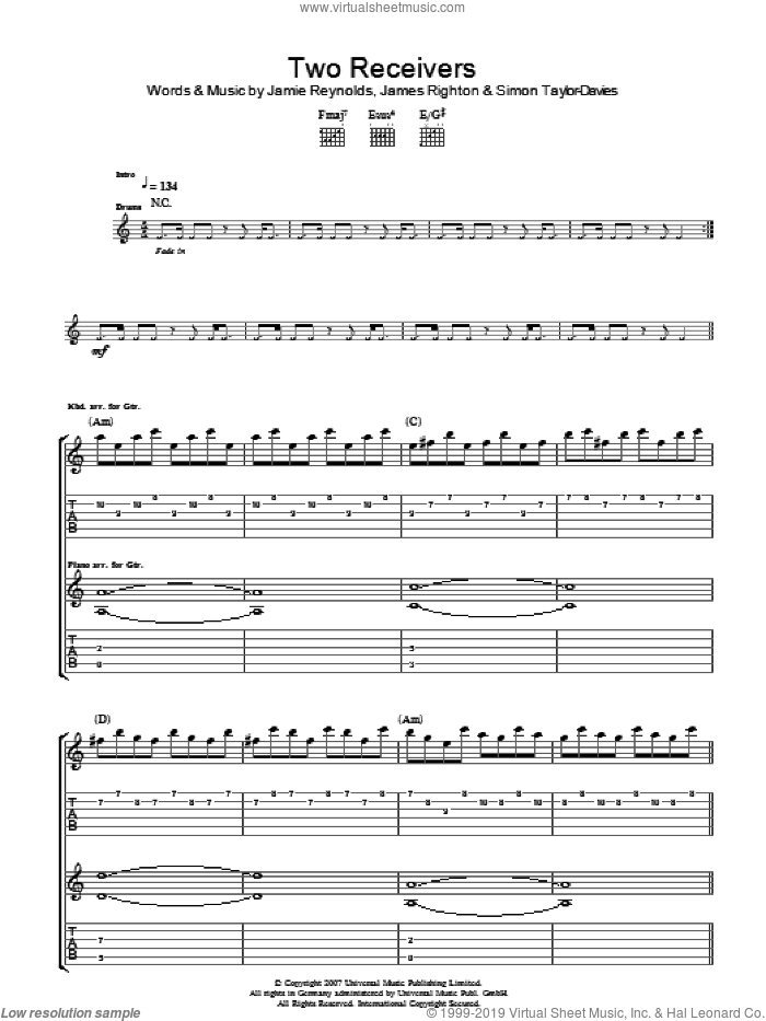 Two Receivers sheet music for guitar (tablature) by Klaxons, James Righton, Jamie Reynolds and Simon Taylor-Davies, intermediate skill level