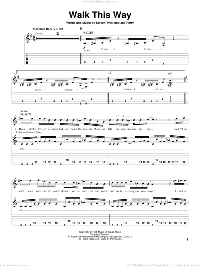 Walk This Way sheet music for guitar (tablature, play-along) by Aerosmith, Run D.M.C., Joe Perry and Steven Tyler, intermediate skill level