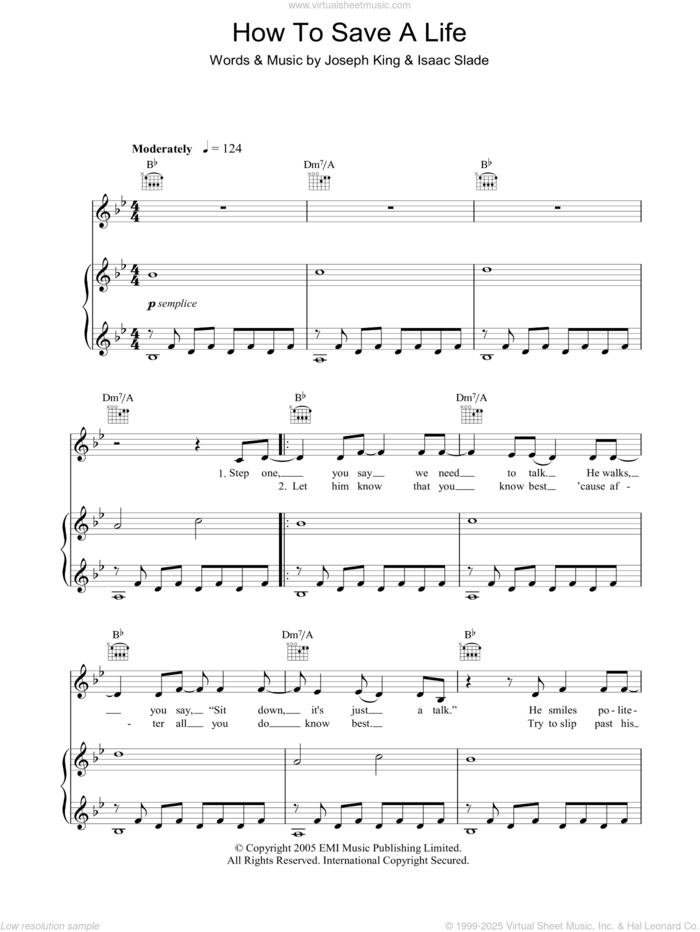 How To Save A Life sheet music for voice, piano or guitar by The Fray, Isaac Slade and Joseph King, intermediate skill level