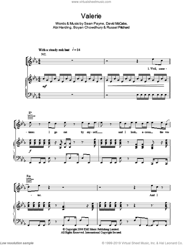 Valerie sheet music for voice, piano or guitar by The Zutons, Amy Winehouse, Mark Ronson, Abi Harding, Boyan Chowdhury, David McCabe, Russel Pritchard and Sean Payne, intermediate skill level