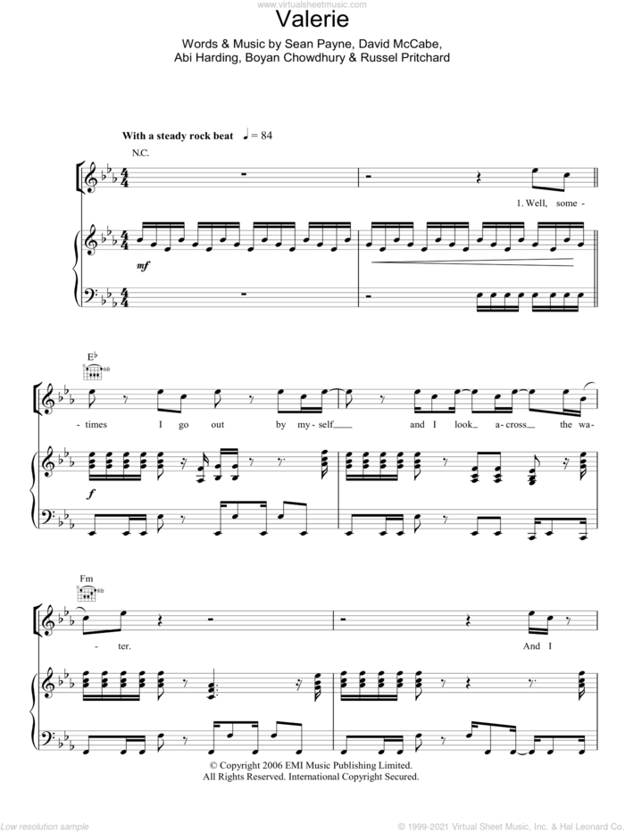 Valerie sheet music for voice, piano or guitar by Amy Winehouse, Mark Ronson, Abi Harding, Boyan Chowdhury, David McCabe, Russel Pritchard and Sean Payne, intermediate skill level