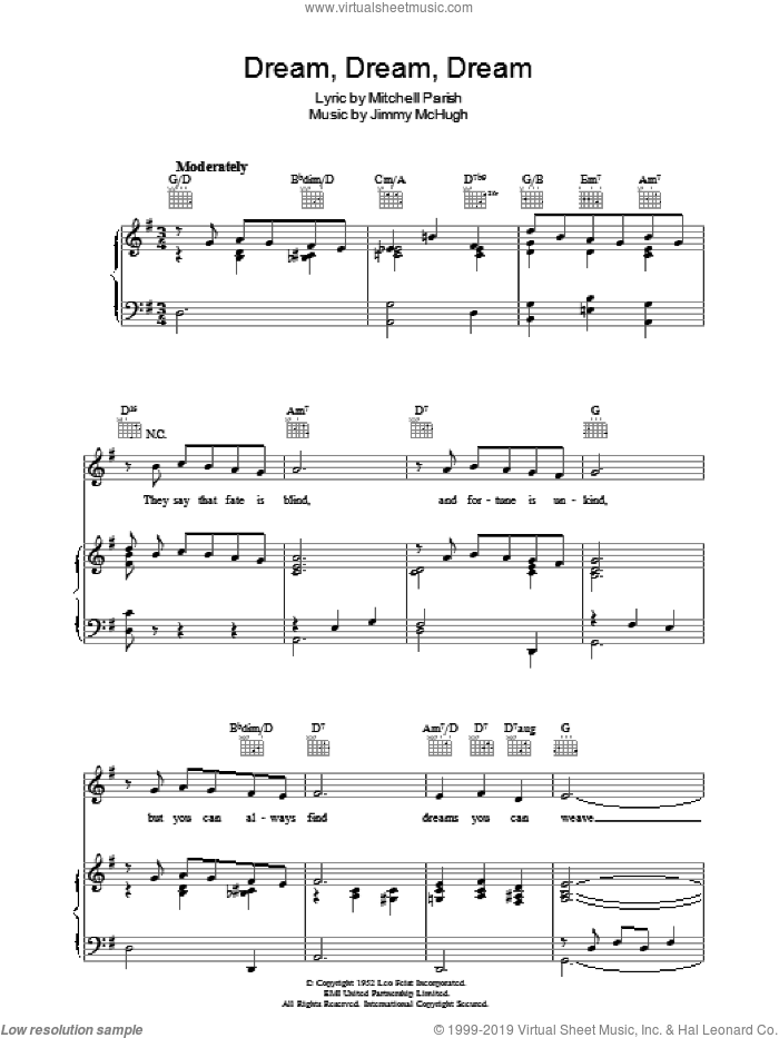Dream Dream Dream sheet music for voice, piano or guitar by Jimmy McHugh and Mitchell Parish, intermediate skill level