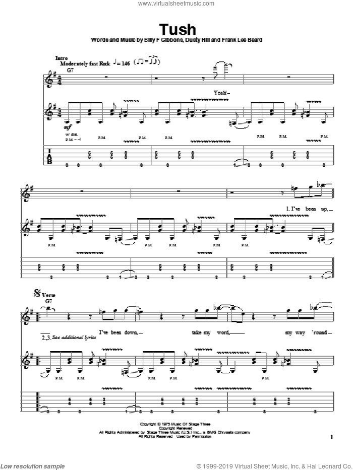 Tush sheet music for guitar (tablature, play-along) by ZZ Top, Billy Gibbons, Dusty Hill and Frank Beard, intermediate skill level