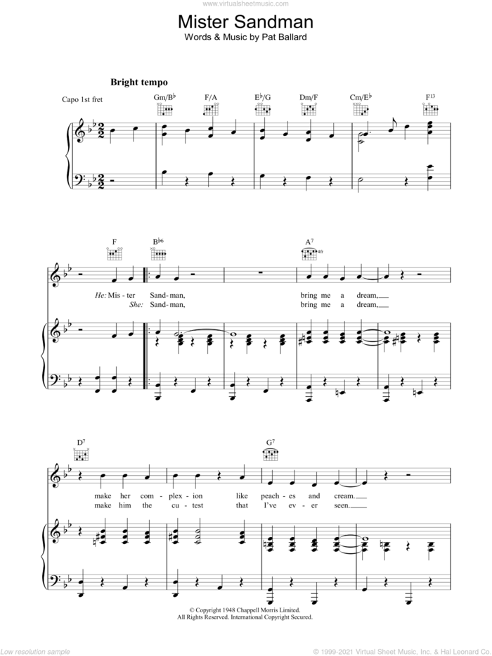 Mister Sandman sheet music for voice, piano or guitar by The Chordettes and Pat Ballard, intermediate skill level