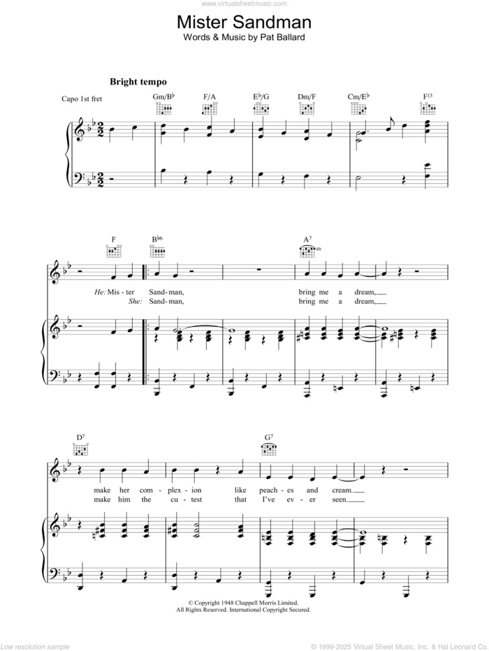 Mister Sandman sheet music for voice, piano or guitar by The Chordettes and Pat Ballard, intermediate skill level