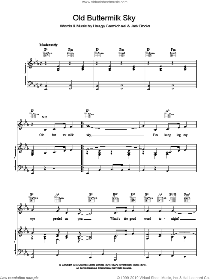 Old Buttermilk Sky sheet music for voice, piano or guitar by Hoagy Carmichael and Jack Brooks, intermediate skill level