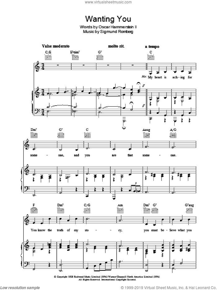 Wanting You sheet music for voice, piano or guitar by Sigmund Romberg and Oscar II Hammerstein, intermediate skill level