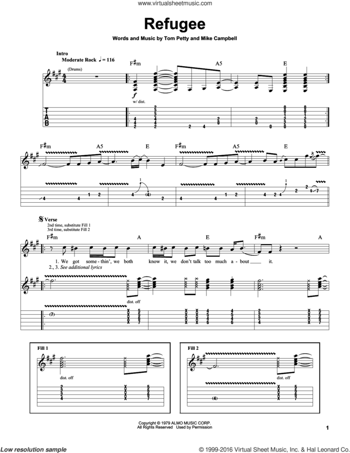 Refugee sheet music for guitar (tablature, play-along) by Tom Petty And The Heartbreakers, Mike Campbell and Tom Petty, intermediate skill level