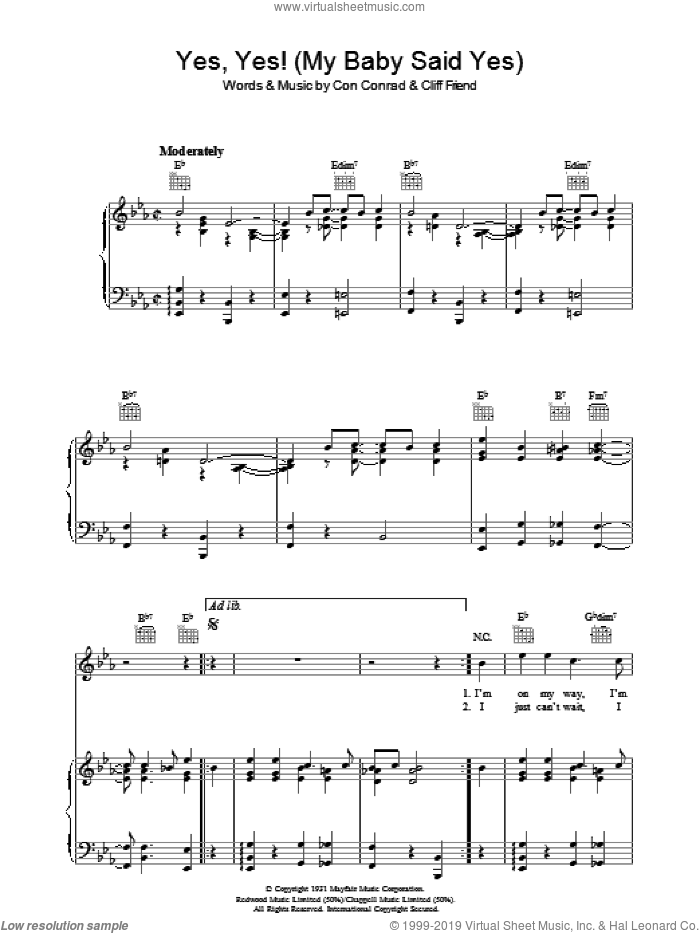 Yes Yes (My Baby Said Yes) sheet music for voice, piano or guitar by Con Conrad and Cliff Friend, intermediate skill level