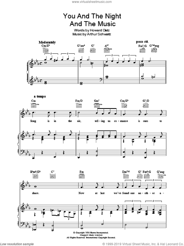 You And The Night And The Music sheet music for voice, piano or guitar by Howard Dietz and Arthur Schwartz, intermediate skill level