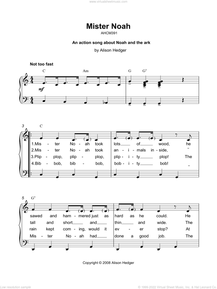 Mister Noah sheet music for voice, piano or guitar by Alison Hedger, intermediate skill level