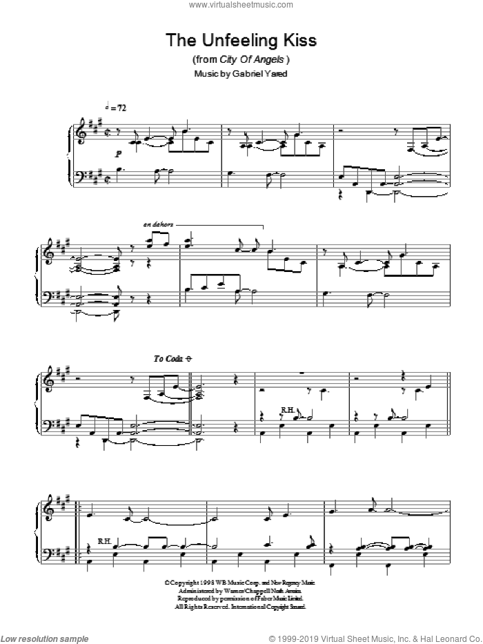 The Unfeeling Kiss (from City of Angels) sheet music for piano solo by Gabriel Yared, intermediate skill level