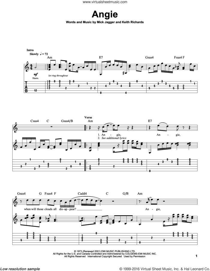 Angie sheet music for guitar (tablature, play-along) by The Rolling Stones, Keith Richards and Mick Jagger, intermediate skill level