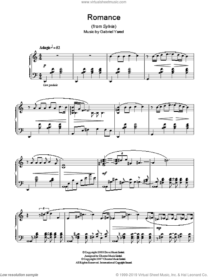 Romance (from Sylvia) sheet music for piano solo by Gabriel Yared, intermediate skill level