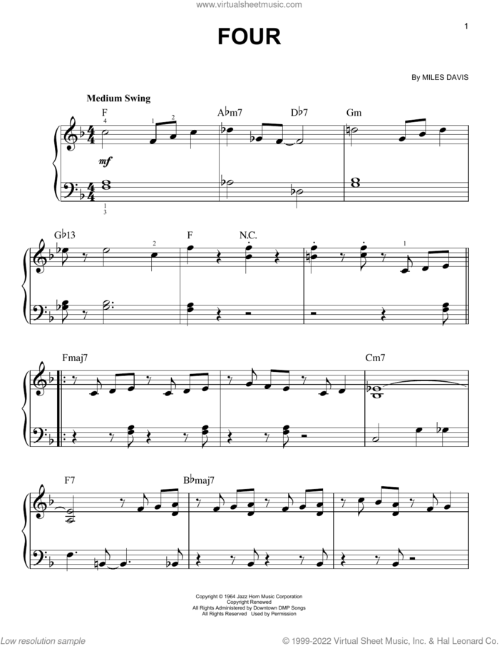 Four sheet music for piano solo by John Coltrane and Miles Davis, beginner skill level