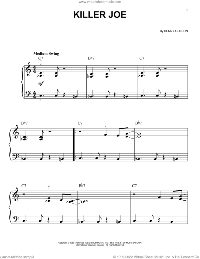 Killer Joe, (beginner) sheet music for piano solo by Benny Golson, beginner skill level