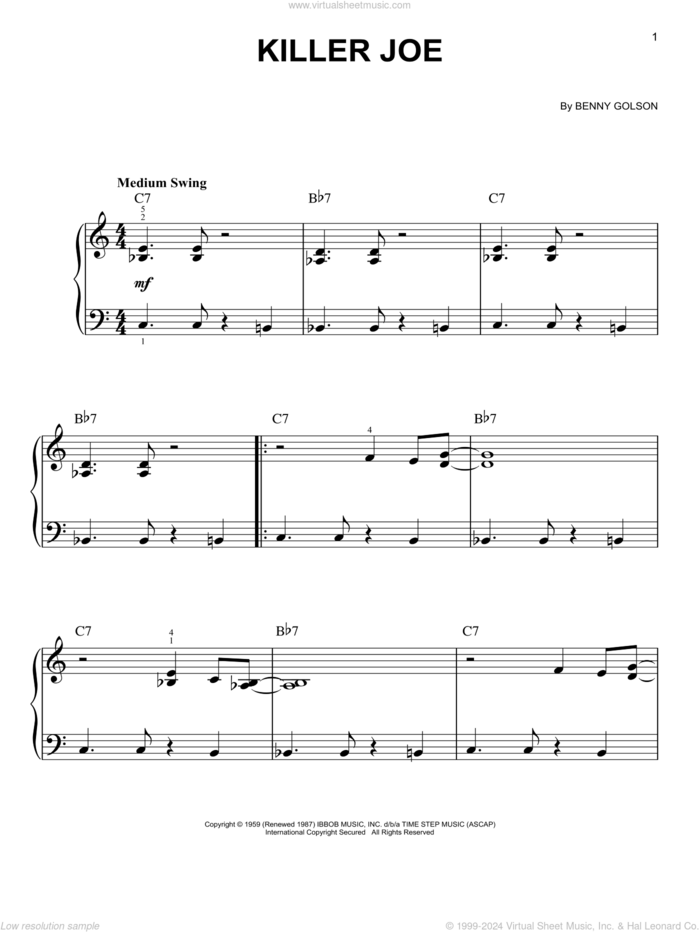 Killer Joe, (beginner) sheet music for piano solo by Benny Golson, beginner skill level