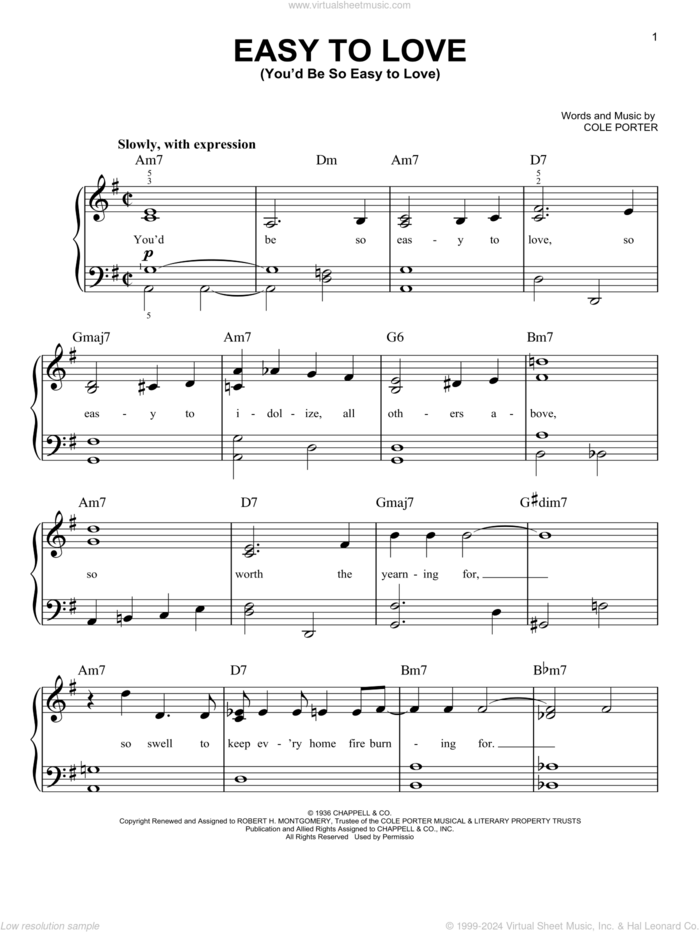 Easy To Love (You'd Be So Easy To Love) sheet music for piano solo by Cole Porter, beginner skill level