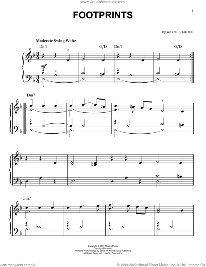 Footprints, (beginner) sheet music for piano solo by Wayne Shorter, beginner skill level