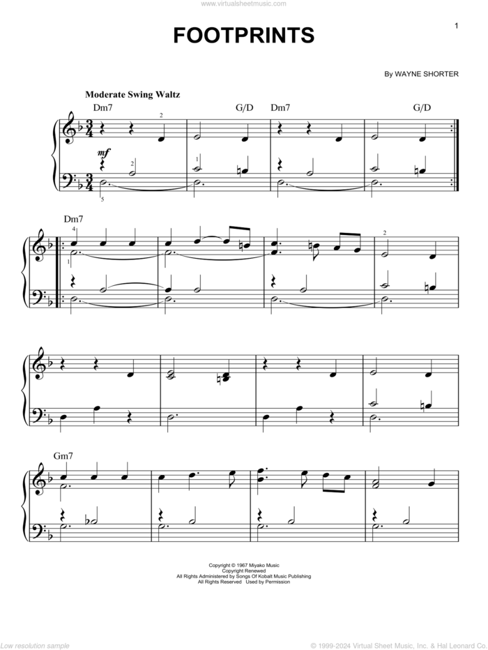 Footprints, (beginner) sheet music for piano solo by Wayne Shorter, beginner skill level