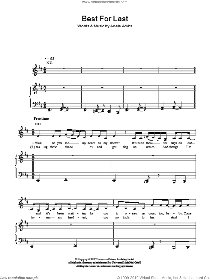 Best For Last sheet music for voice, piano or guitar by Adele and Adele Adkins, intermediate skill level