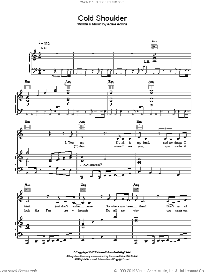 Cold Shoulder sheet music for voice, piano or guitar by Adele and Adele Adkins, intermediate skill level