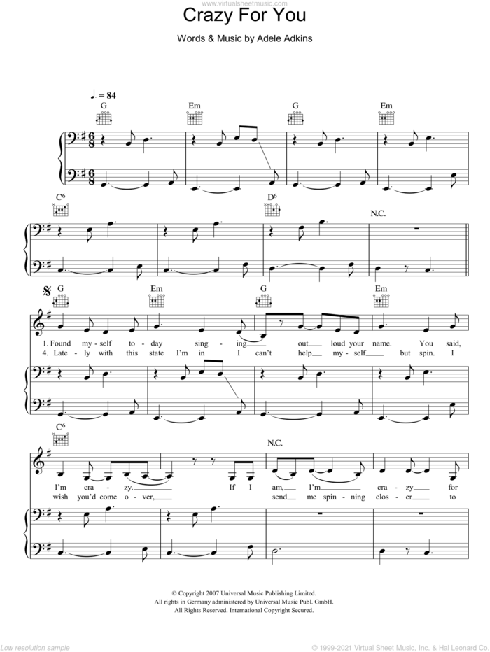 Crazy For You sheet music for voice, piano or guitar by Adele and Adele Adkins, intermediate skill level
