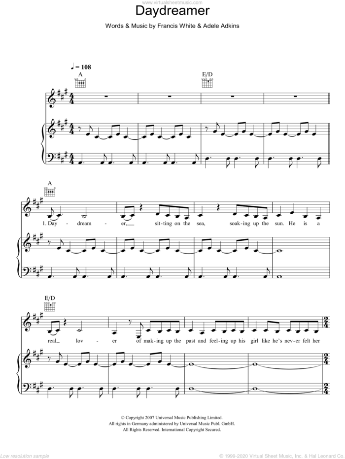 Daydreamer sheet music for voice, piano or guitar by Adele, Adele Adkins and Francis White, intermediate skill level
