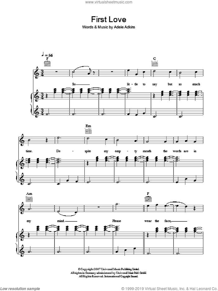 First Love sheet music for voice, piano or guitar by Adele and Adele Adkins, intermediate skill level