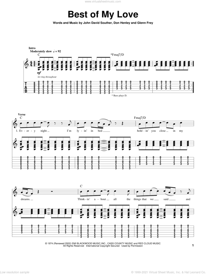 Best Of My Love sheet music for guitar (tablature, play-along) by Don Henley, The Eagles, Glenn Frey and John David Souther, intermediate skill level