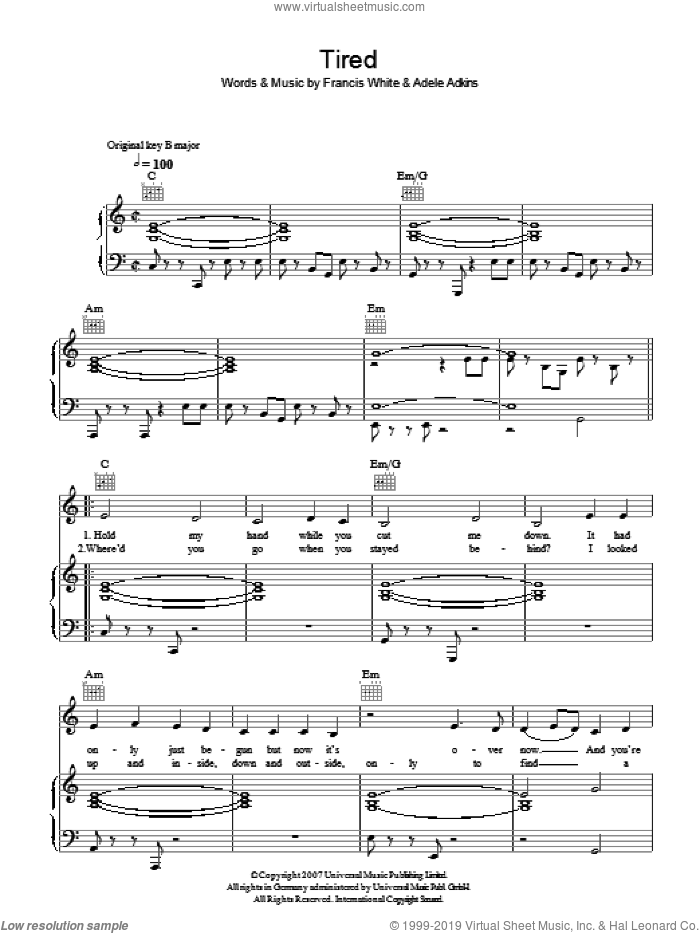 Tired sheet music for voice, piano or guitar by Adele, Adele Adkins and Francis White, intermediate skill level