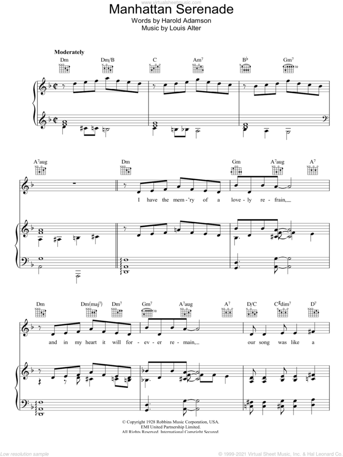 Manhattan Serenade sheet music for voice, piano or guitar by Harold Adamson and Louis Alter, intermediate skill level