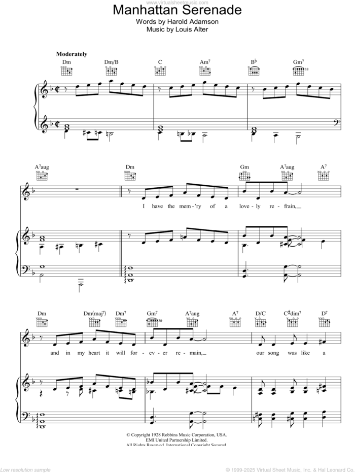 Manhattan Serenade sheet music for voice, piano or guitar by Harold Adamson and Louis Alter, intermediate skill level