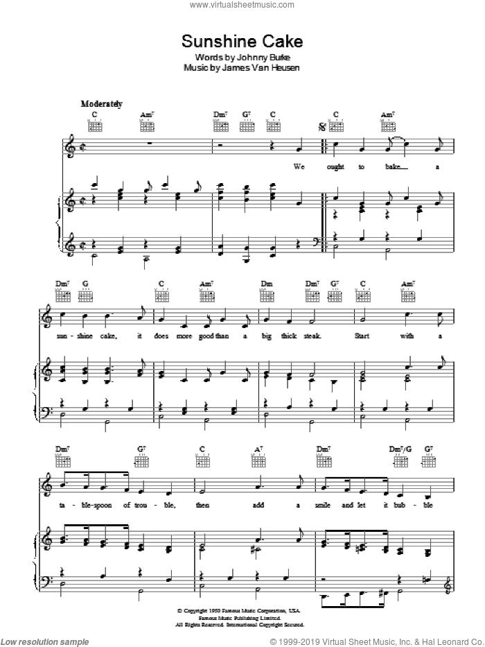 Sunshine Cake sheet music for voice, piano or guitar by Jimmy Van Heusen and John Burke, intermediate skill level