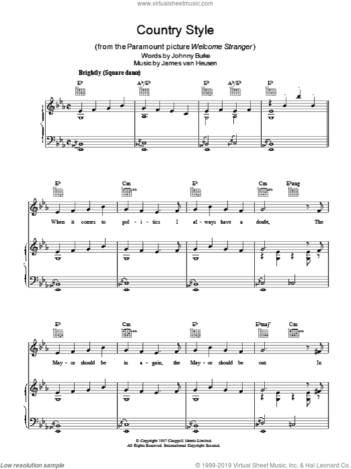 Country Style sheet music for voice, piano or guitar by Jimmy Van Heusen and John Burke, intermediate skill level
